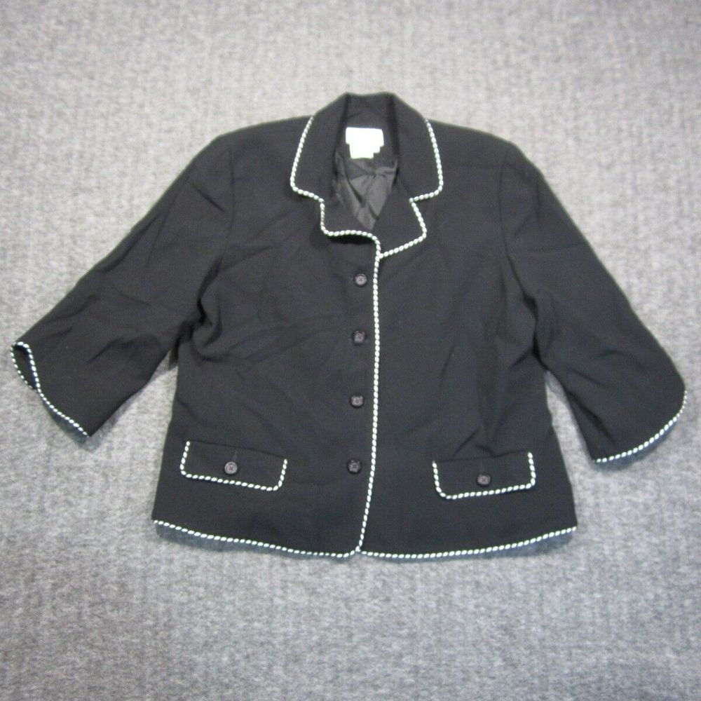 Vtg Madison Gray Wool Blazer Women 16‎ Black White Piping Trim Button Lined USA